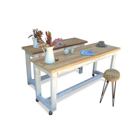 "Once Upon A Queenslander" Eco Recycled High Bench Table in White & Natural with Wheels (SUPERSIZED) "Once Upon A Queenslander" Eco Recycled High Bench Table in White & Natural with Wheels (SUPERSIZED)