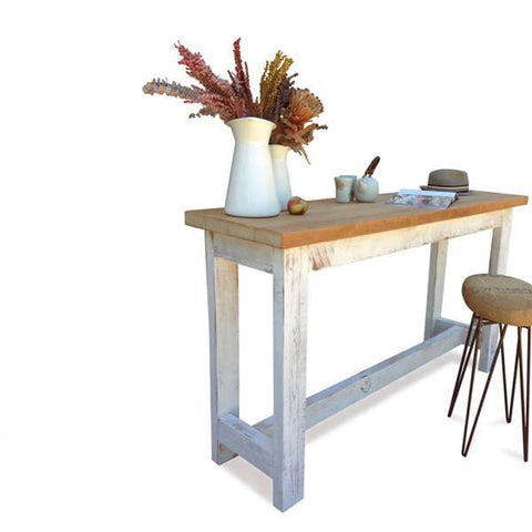 "Once Upon A Queenslander" Eco Recycled "Petite" High Bench Table in Natural & White "Once Upon A Queenslander" Eco Recycled "Petite" High Bench Table in Natural & White