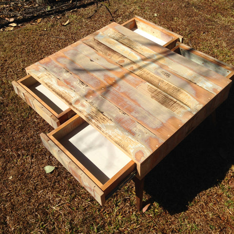 "Once Upon A Queenslander" Eco Recycled Retro Coffee Table With 4 Drawers "Once Upon A Queenslander" Eco Recycled Retro Coffee Table With 4 Drawers