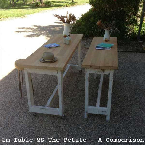 "Once Upon A Queenslander" Eco Recycled High Bench Table in White & Natural with Wheels (SUPERSIZED) "Once Upon A Queenslander" Eco Recycled High Bench Table in White & Natural with Wheels (SUPERSIZED)