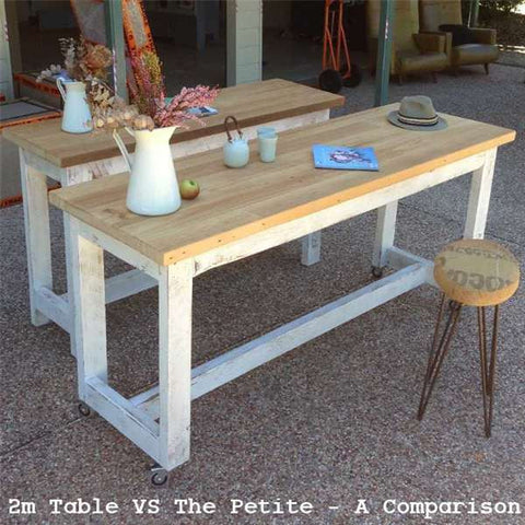 "Once Upon A Queenslander" Eco Recycled High Bench Table in White & Natural with Wheels (SUPERSIZED) "Once Upon A Queenslander" Eco Recycled High Bench Table in White & Natural with Wheels (SUPERSIZED)