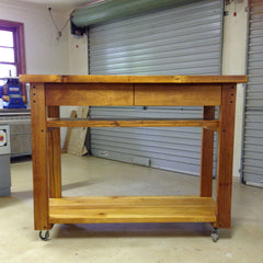 Industrial Recycled Retro High Bench Table in Natural with Drawers, Shelves, & Wheels