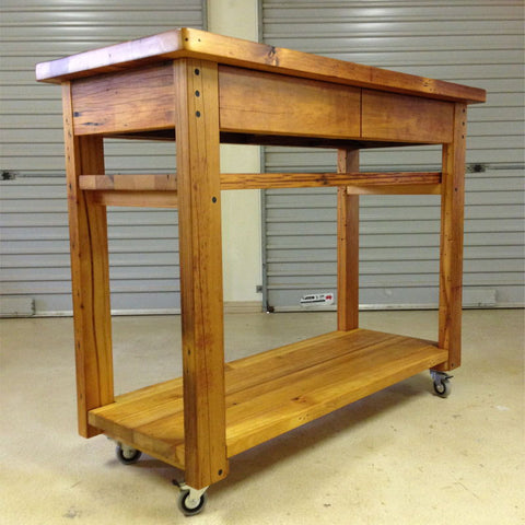 Industrial Recycled Retro High Bench Table in Natural with Drawers, Shelves, & Wheels Industrial Recycled Retro High Bench Table in Natural with Drawers, Shelves, & Wheels