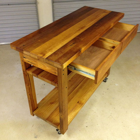 Industrial Recycled Retro High Bench Table in Natural with Drawers, Shelves, & Wheels