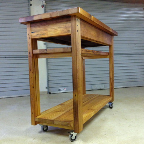 Industrial Recycled Retro High Bench Table in Natural with Drawers, Shelves, & Wheels Industrial Recycled Retro High Bench Table in Natural with Drawers, Shelves, & Wheels