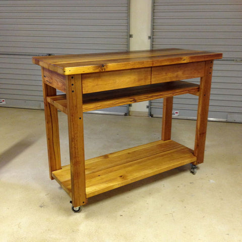 Industrial Recycled Retro High Bench Table in Natural with Drawers, Shelves, & Wheels Industrial Recycled Retro High Bench Table in Natural with Drawers, Shelves, & Wheels