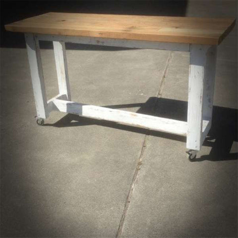 "Once Upon A Queenslander" Eco Recycled High Bench Table in White & Timber with Wheels "Once Upon A Queenslander" Eco Recycled High Bench Table in White & Timber with Wheels