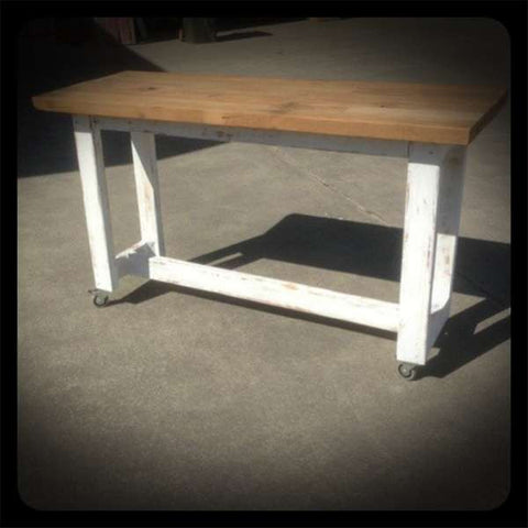 "Once Upon A Queenslander" Eco Recycled High Bench Table in White & Timber with Wheels "Once Upon A Queenslander" Eco Recycled High Bench Table in White & Timber with Wheels