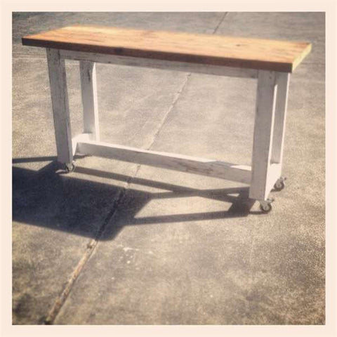 "Once Upon A Queenslander" Eco Recycled High Bench Table in White & Timber with Wheels "Once Upon A Queenslander" Eco Recycled High Bench Table in White & Timber with Wheels
