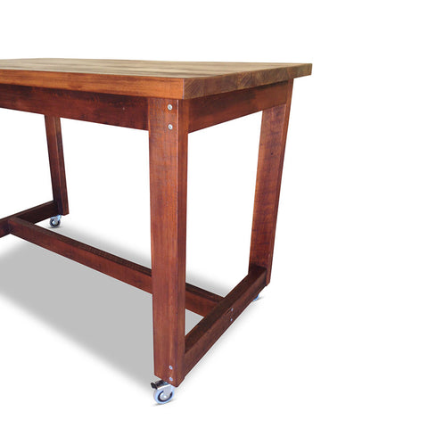 "Once Upon A Queenslander" Industrial Recycled High Bench Table Dark Walnut Finish with Wheels (SUPERSIZED)