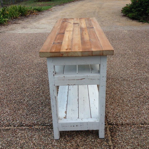 Industrial Recycled Retro High Bench Table in White & Timber with Drawers & Shelves