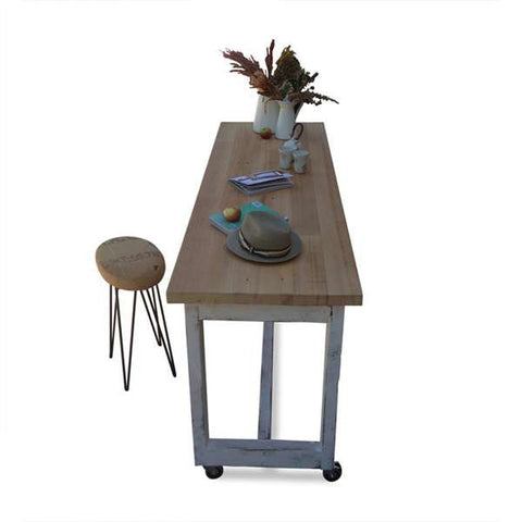 "Once Upon A Queenslander" Eco Recycled High Bench Table in White & Timber with Wheels