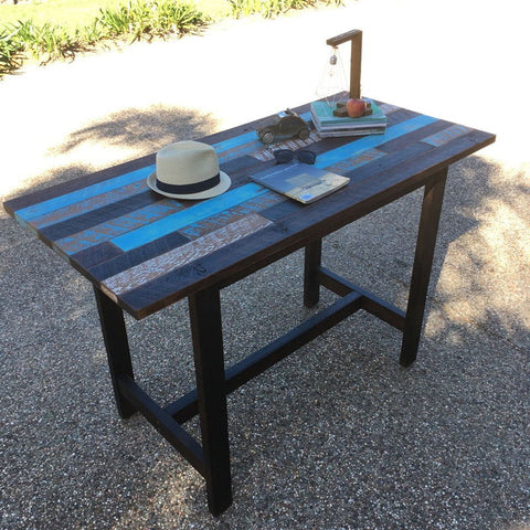 Industrial Recycled Retro High Bench Table In Walnut With Patchwork Pattern